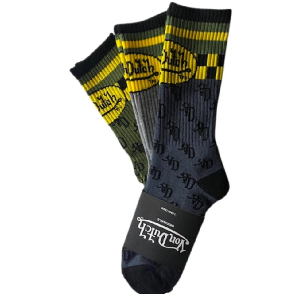 Von Dutch Originals 3 Pair Men's Crew Socks, Gray Green Yellow Color Scheme